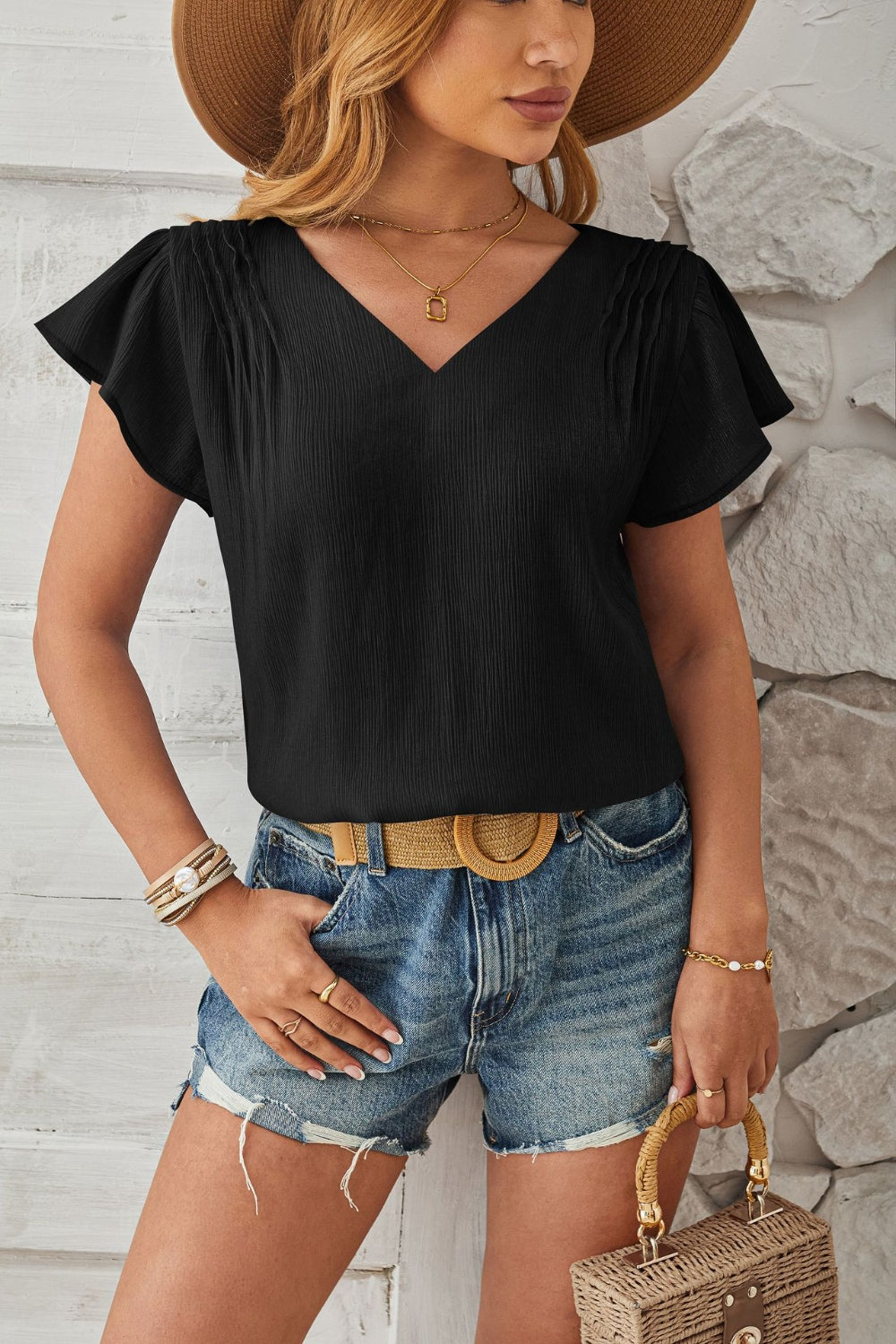 Ruched V-Neck Flounce Sleeve Blouse Trendsi