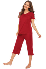 V-Neck Short Sleeve Top and Pants Lounge Set - Flyclothing LLC