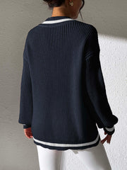 Contrast Trim V-Neck Long Sleeve Sweater - Trendsi