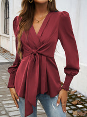 Smocked Surplice Long Sleeve Blouse