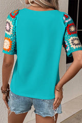 Geometric Round Neck Short Sleeve Blouse Trendsi