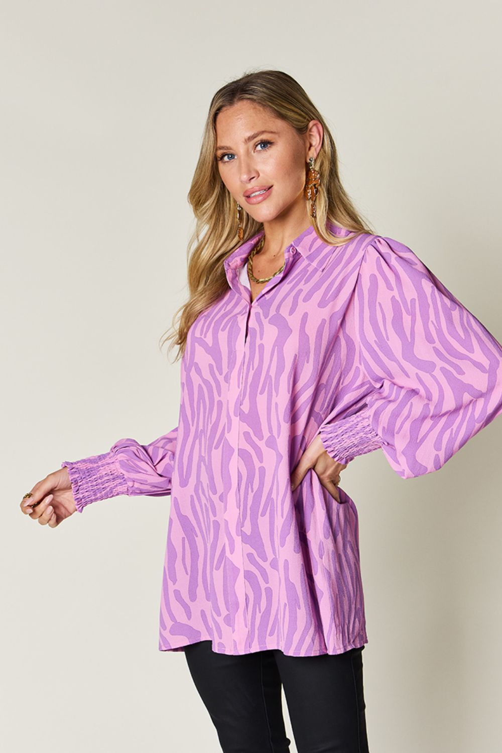 Double Take Full Size Printed Smocked Long Sleeve Blouse - Flyclothing LLC