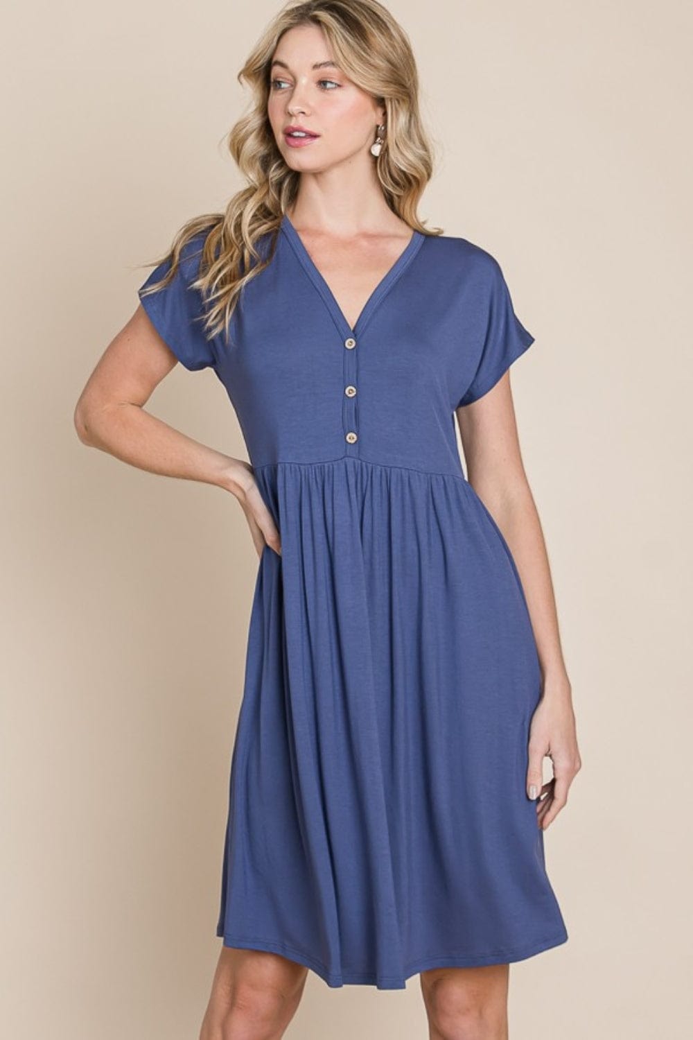 BOMBOM V-Neck Short Sleeve Dress - Trendsi