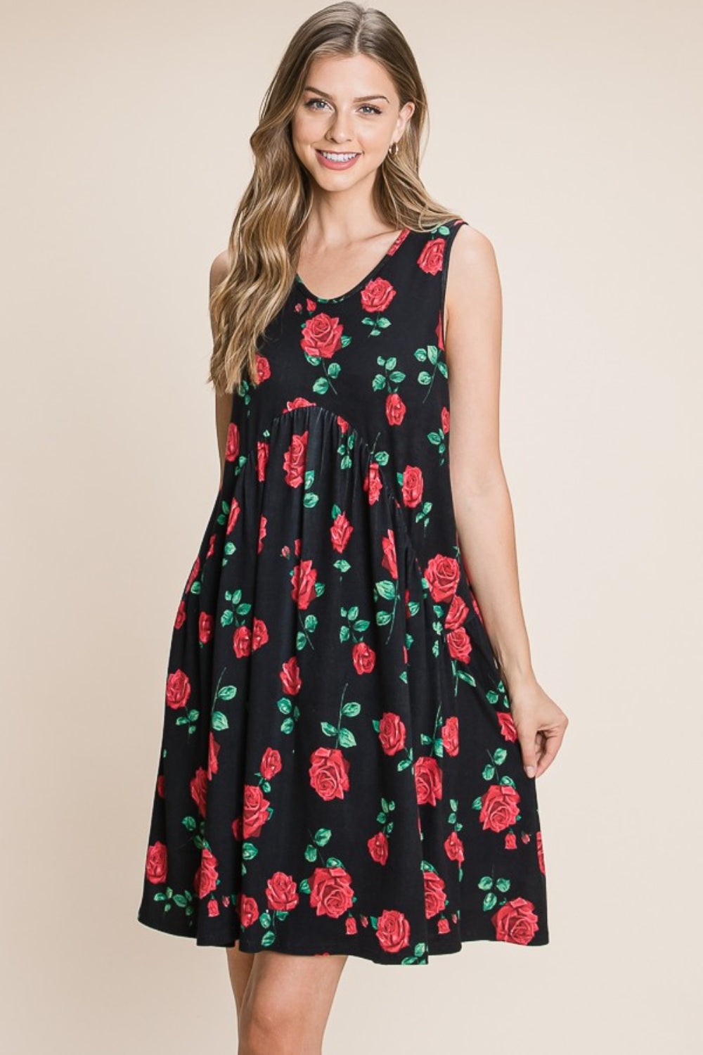 BOMBOM Floral Ruched Tank Dress - Flyclothing LLC