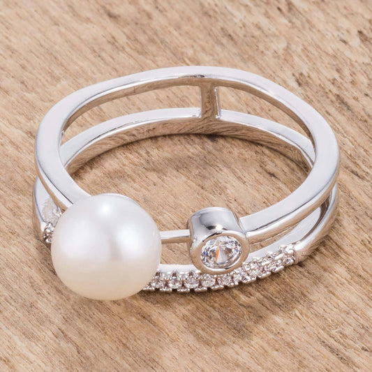 .15Ct Rhodium Plated CZ and Freshwater Pearl Contemporary Double Band Ring - JGI