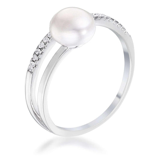 .15Ct Rhodium Plated Freshwater Pearl Ring With CZ Micro Pave Band - JGI