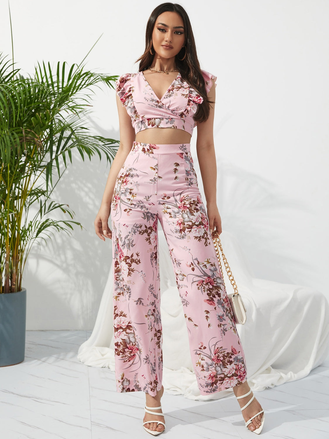 Printed Surplice Cap Sleeve Top and Pants Set Trendsi