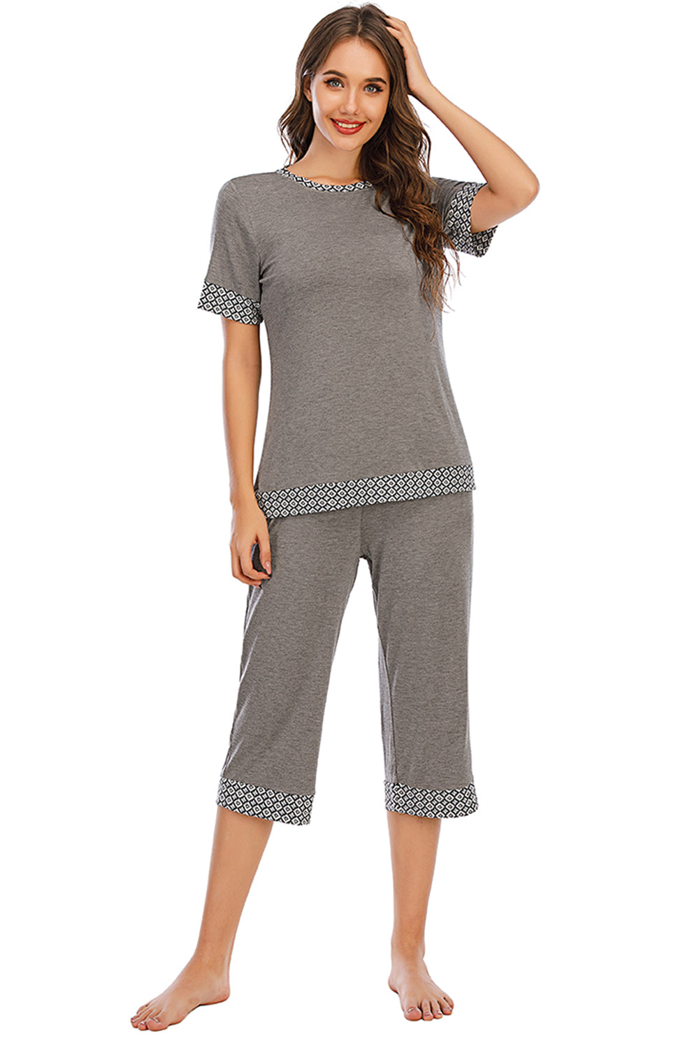 Round Neck Short Sleeve Top and Capris Pants Lounge Set - Flyclothing LLC