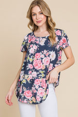 BOMBOM Floral Round Neck Short Sleeve T-Shirt - Trendsi