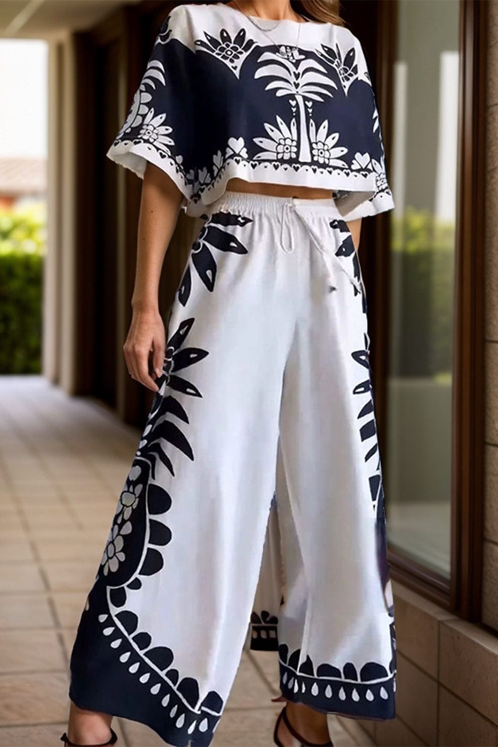 Printed Half Sleeve Top and Wide Leg Pants Set - Trendsi