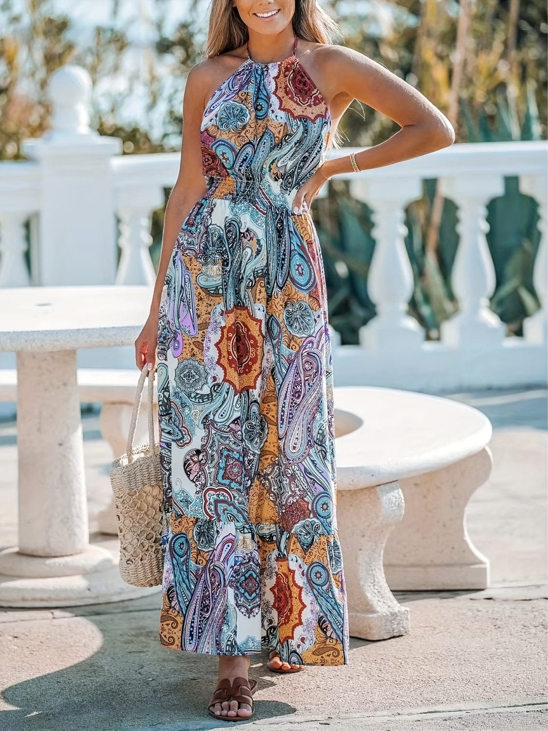 Printed Halter Neck Maxi Dress - Trendsi