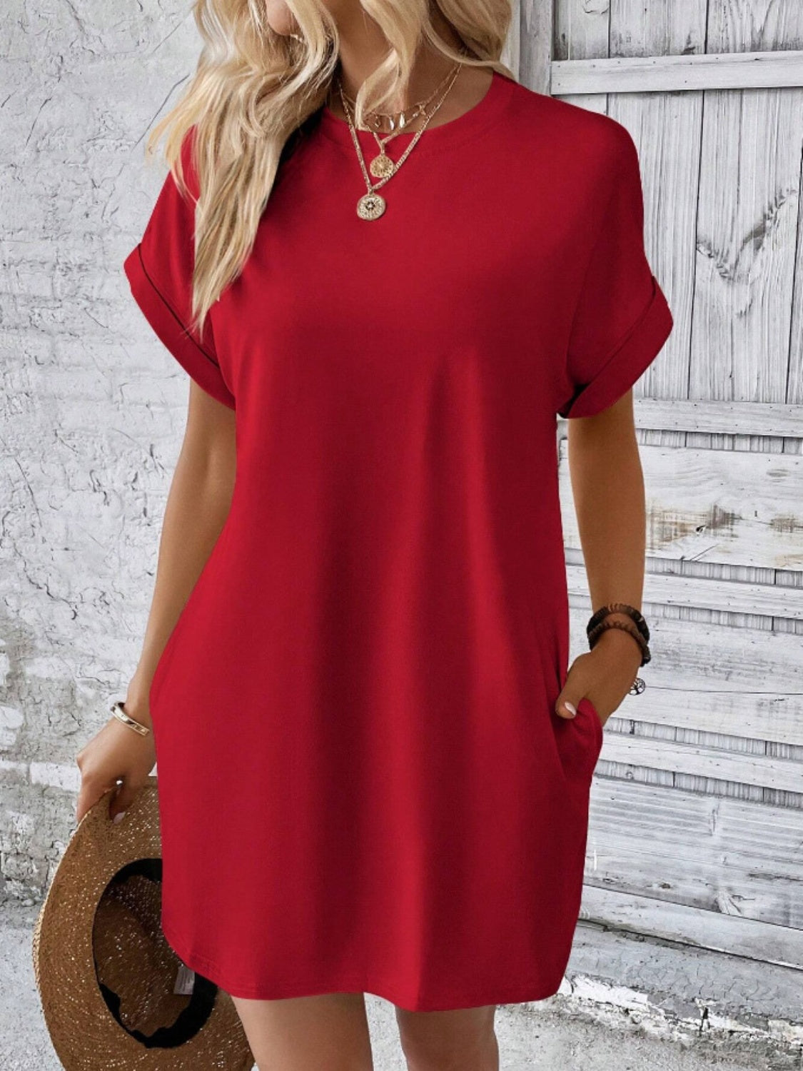 Pocketed Round Neck Short Sleeve Dress - Flyclothing LLC