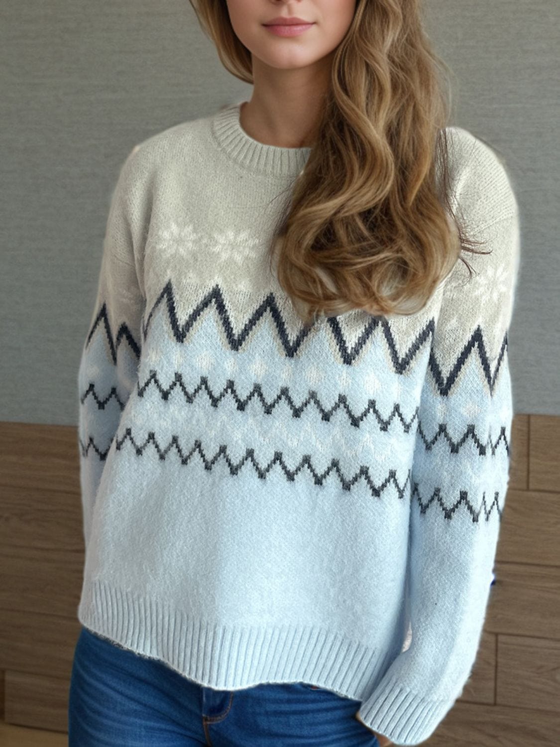 Chevron Contrast Round Neck Long Sleeve Sweater - Trendsi