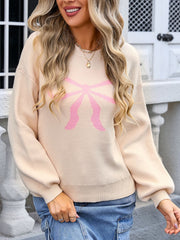 Bow Graphic Round Neck Long Sleeve Sweater - Trendsi