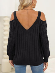 Cable-Knit V-Neck Long Sleeve Sweater - Trendsi