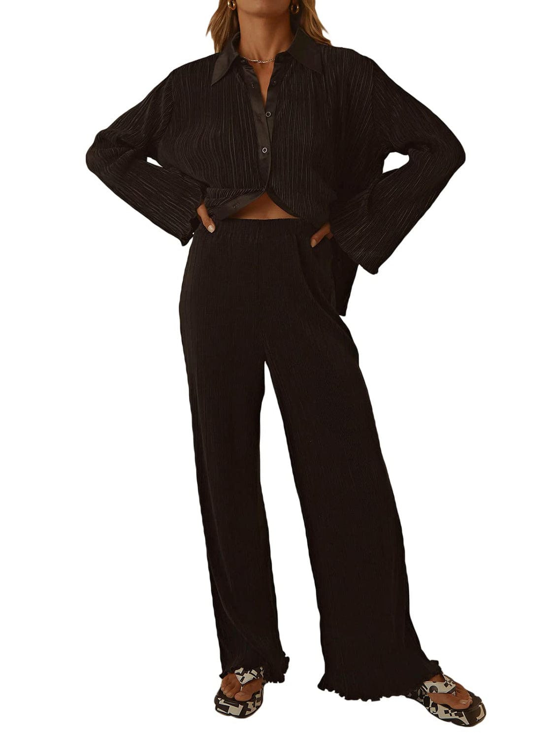 Collared Neck Long Sleeve Top and Pants Lounge Set - Trendsi