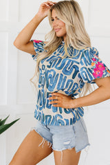 Embroidered Printed Mock Neck Short Sleeve Blouse Trendsi