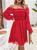 Smocked Polka Dot Long Sleeve Dress - Flyclothing LLC