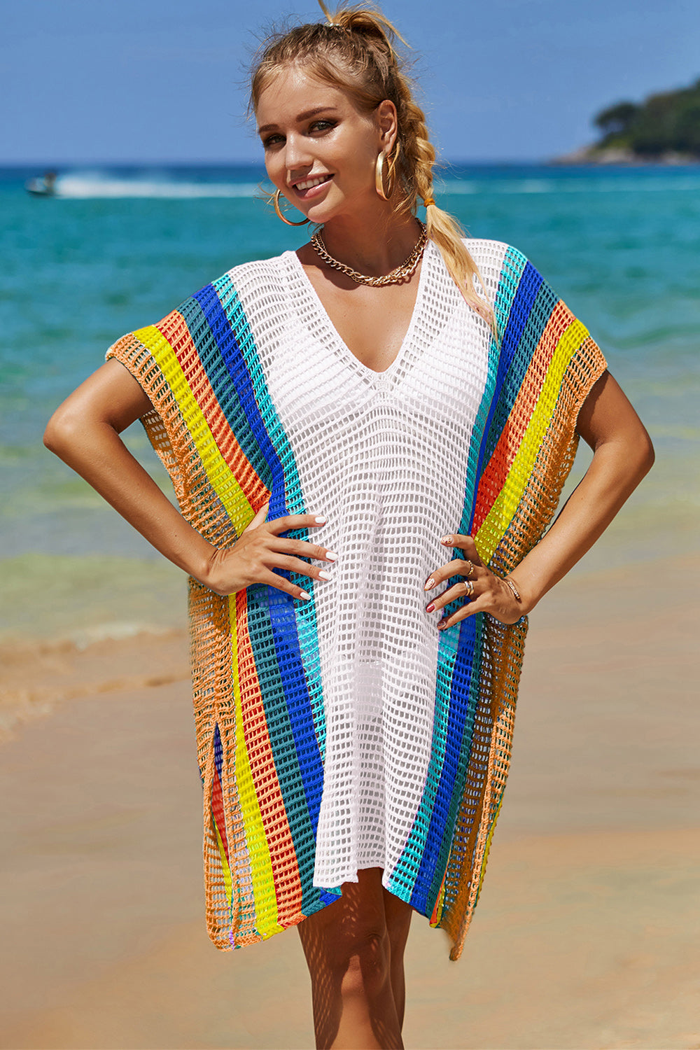 Double Take Openwork Striped Slit Knit Cover Up - Flyclothing LLC