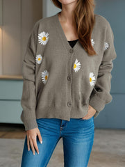 Daisy Button Up V-Neck Cardigan - Trendsi