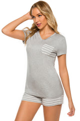 Striped Short Sleeve Top and Shorts Lounge Set - Flyclothing LLC