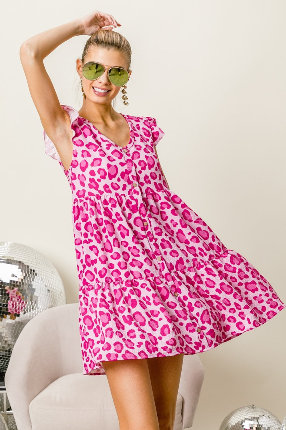 BiBi Leopard Cap Sleeve Tiered Mini Dress Trendsi