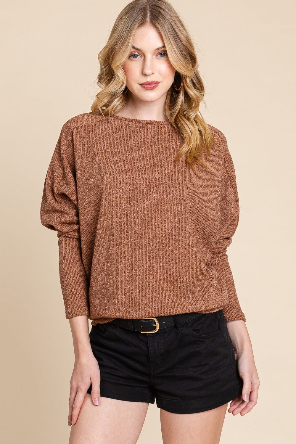 BOMBOM Drop Shoulder Long Sleeve Knit Top - Trendsi