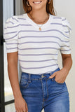 Striped Round Neck Puff Sleeve Knit Top - Flyclothing LLC