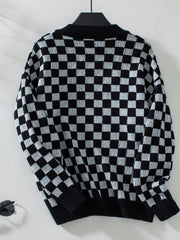 Checkered V-Neck Dropped Shoulder Sweater - Trendsi