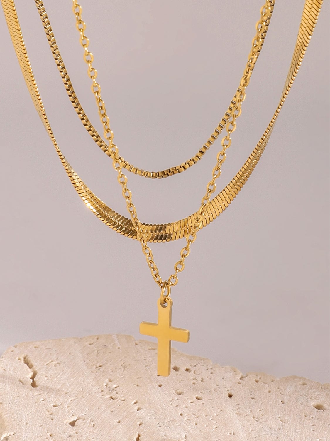 18K Gold-Plated Three-Layered Cross Necklace - Trendsi