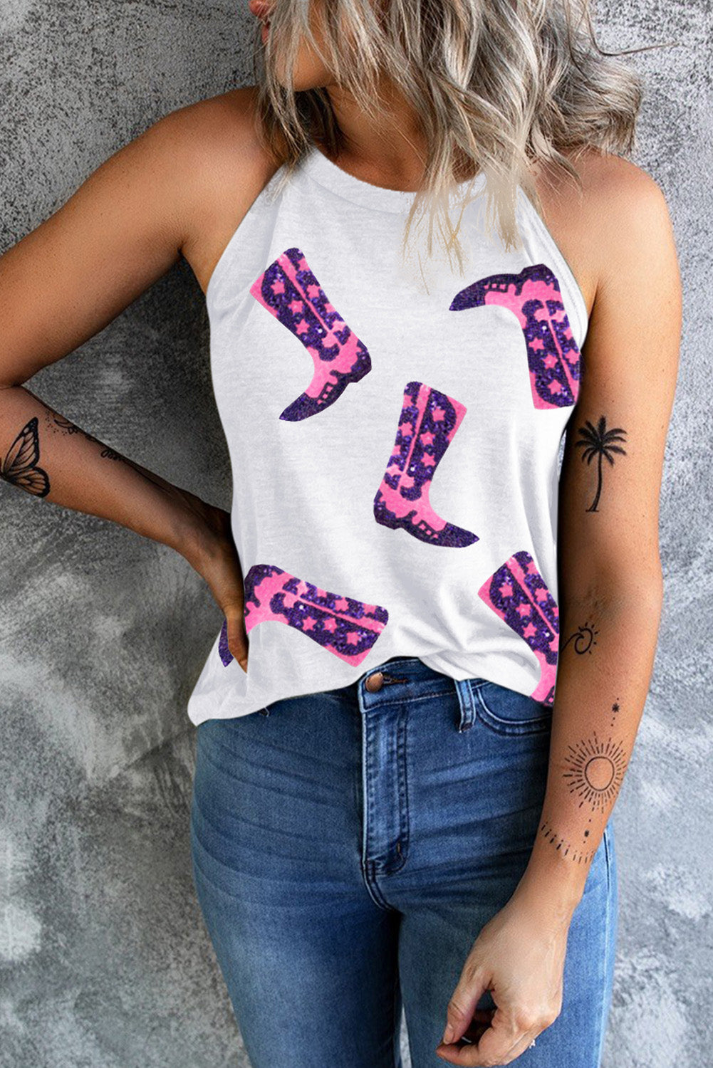 Sequin Boots Print Round Neck Tank - Flyclothing LLC