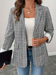 Single-Breasted Lapel Collar Plaid Blazer