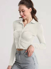 Ruched Button Up Long Sleeve T-Shirt - Flyclothing LLC