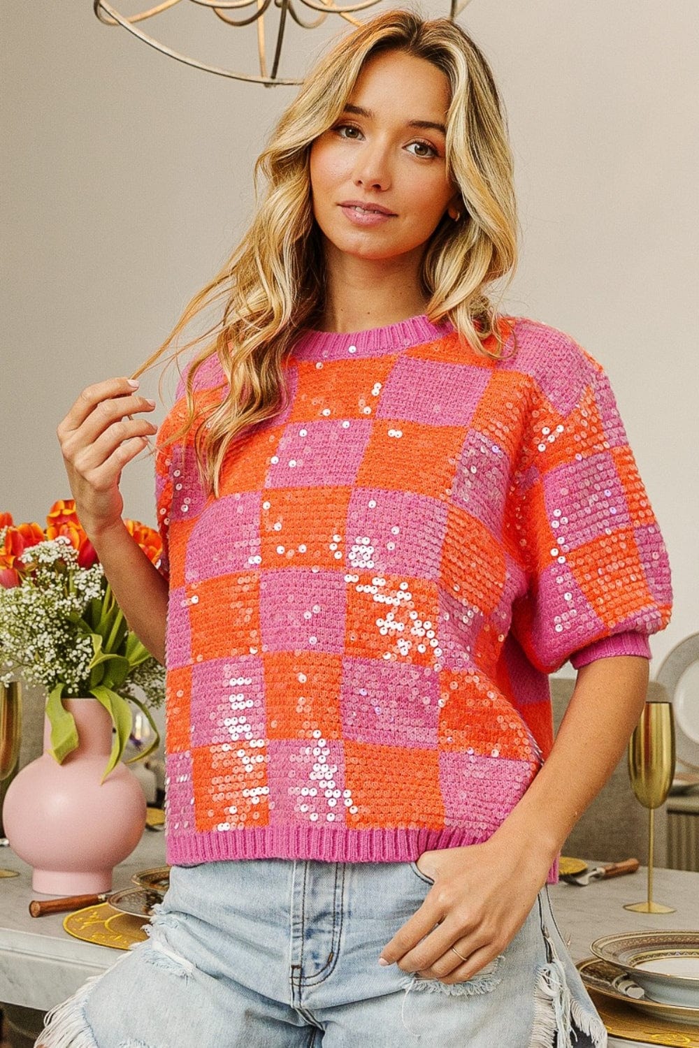 BiBi Checkered Short Sleeve Sequin Sweater - Trendsi