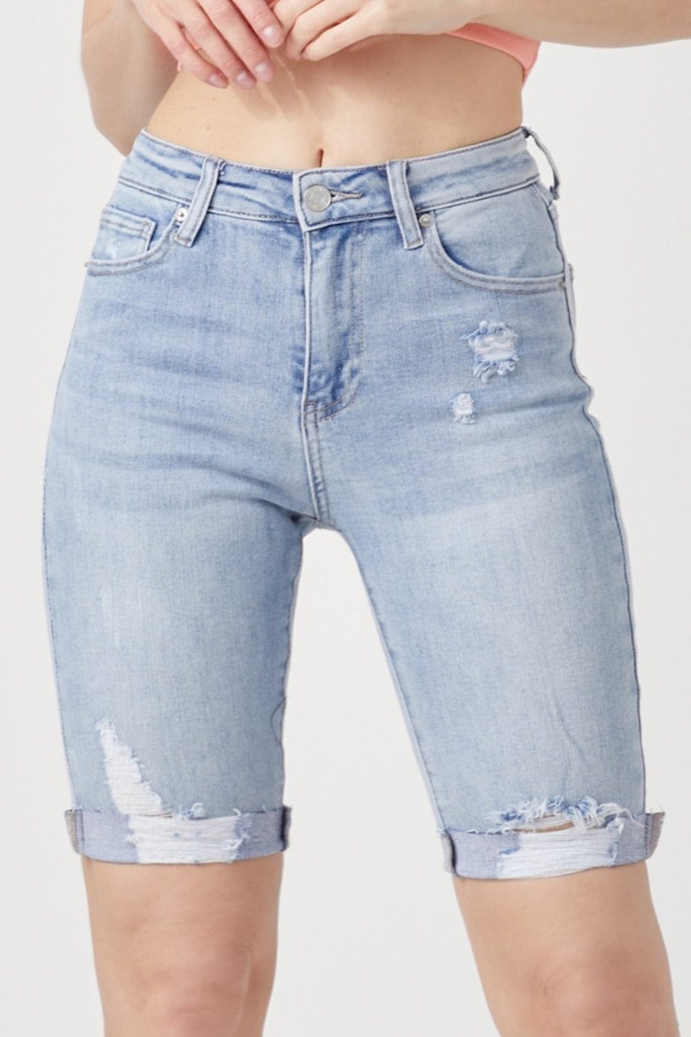 RISEN High Rise Distressed Denim Bermuda Shorts - Trendsi