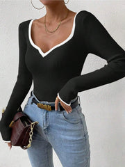 Contrast Trim Long Sleeve Knit Top - Trendsi