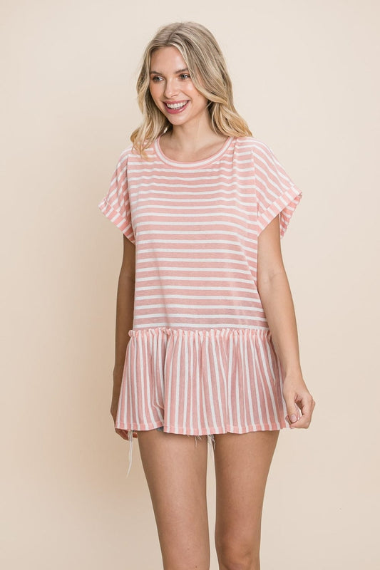 Cotton Bleu by Nu Label Striped Ruffled Short Sleeve Top - Trendsi