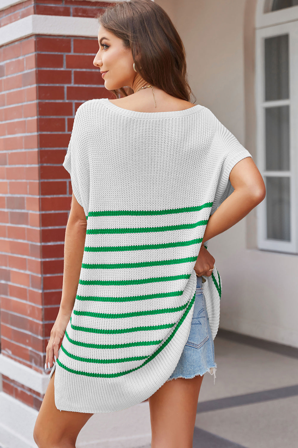 Striped V-Neck Short Sleeve Knit Top - Flyclothing LLC