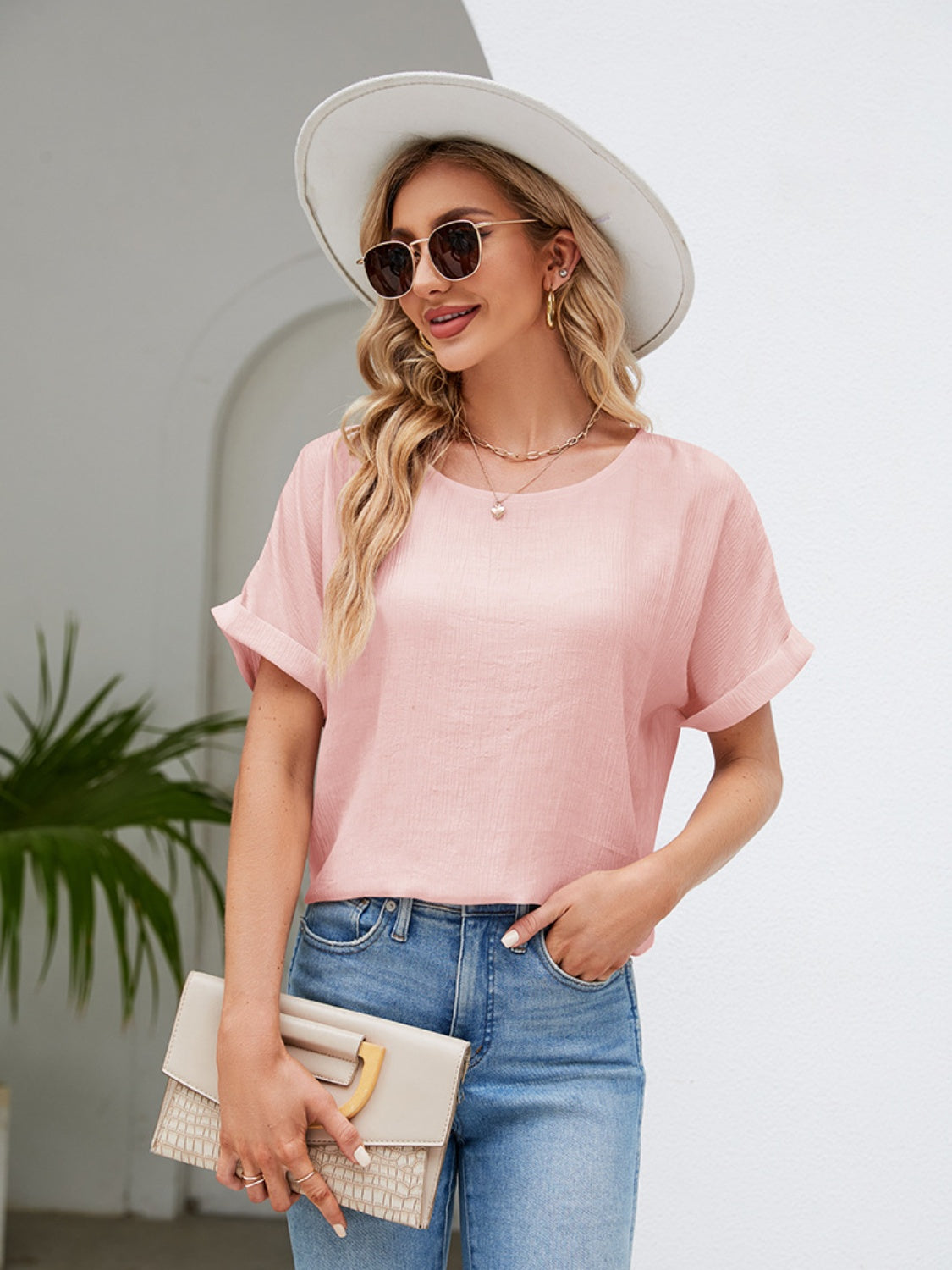 Round Neck Short Sleeve Blouse - Flyclothing LLC