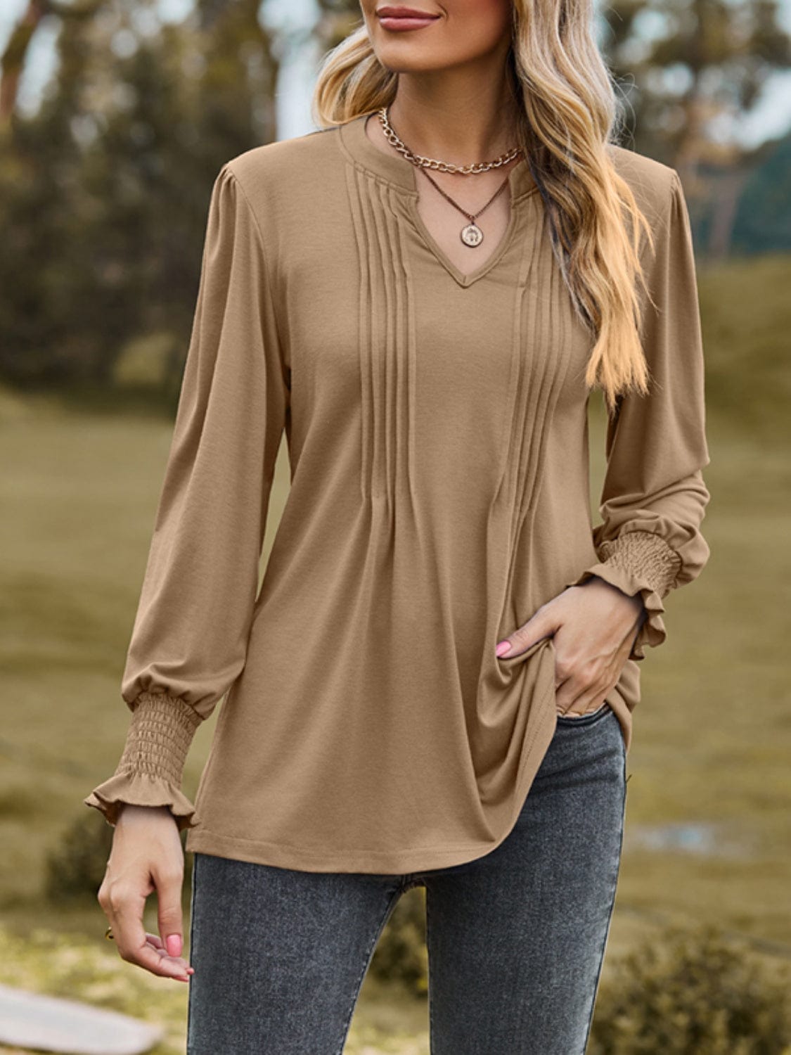 Ruched Notched Long Sleeve T-Shirt - Trendsi