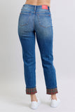 Judy Blue Full Size Plaid Print Cuff Straight Leg Jeans with Pockets - Trendsi