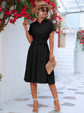 Buttoned Tie Waist Short Sleeve Dress - Flyclothing LLC