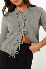 Bow Round Neck Long Sleeve Cardigan - Trendsi