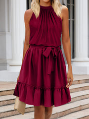 Ruched Grecian Neck Tie Waist Mini Dress - Flyclothing LLC