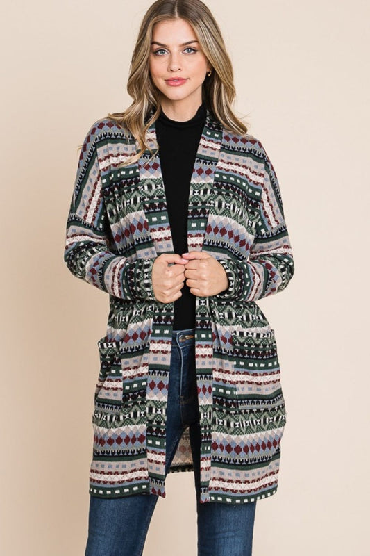 BOMBOM Geometric Open Front Long Sleeve Cardigan with Pockets - Trendsi