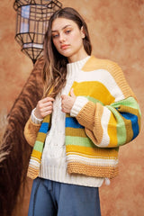 Davi & Dani Contrast Striped Open Front Lantern Sleeve Cardigan - Trendsi