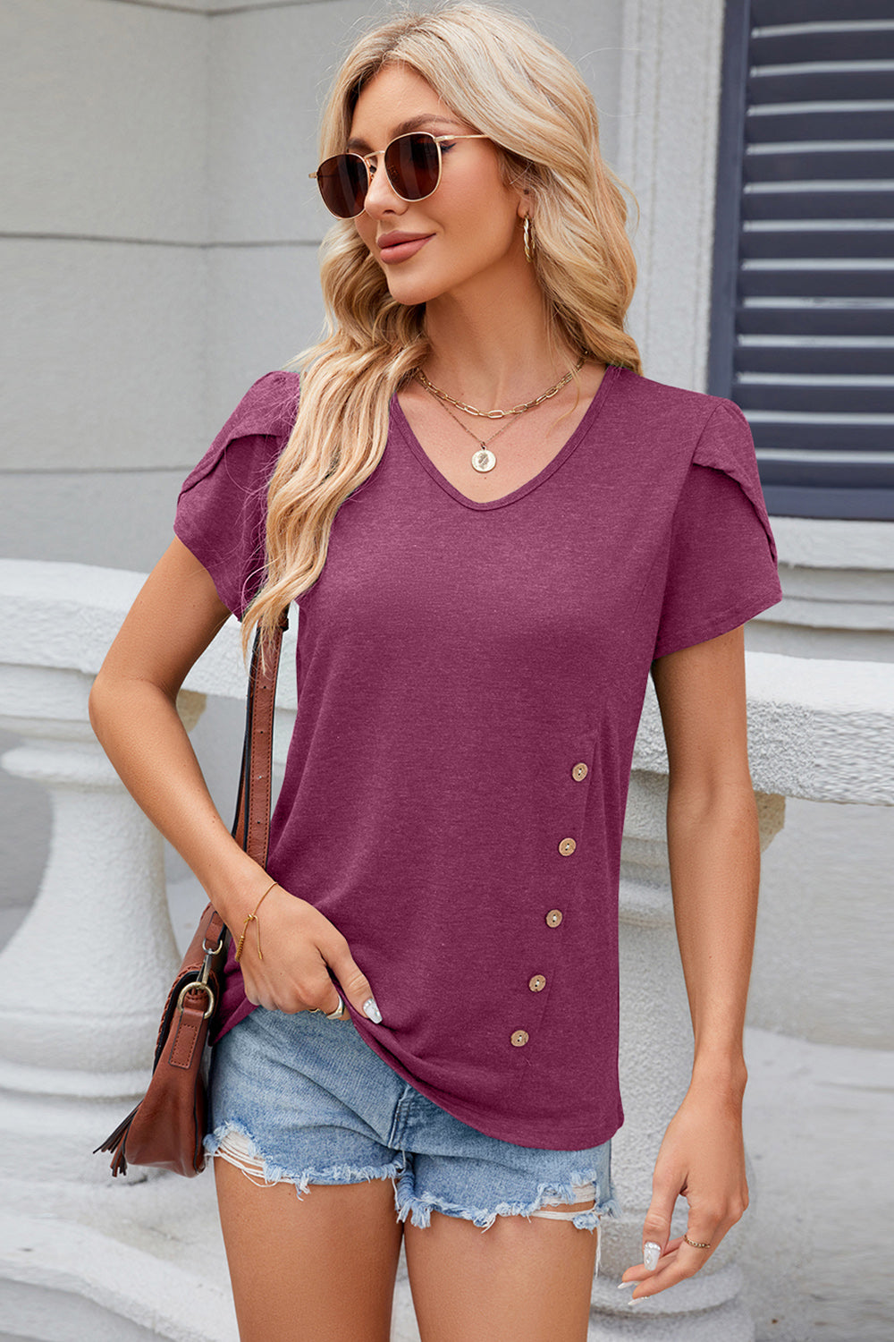 V-Neck Petal Sleeve T-Shirt - Flyclothing LLC