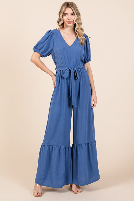 GeeGee Full Size V-Neck Belted Wide Leg Jumpsuit - Flyclothing LLC