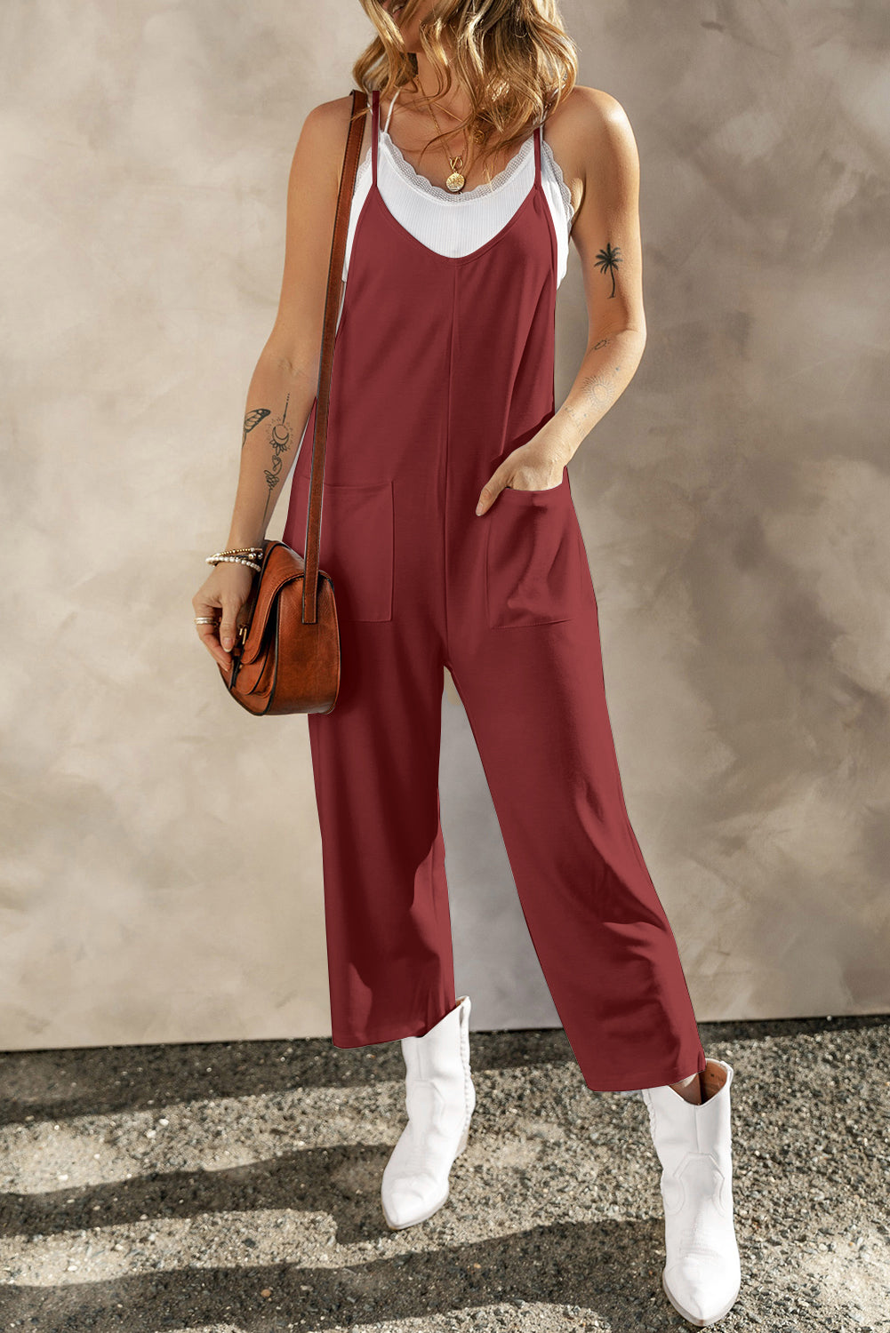 Pocketed Spaghetti Strap Wide Leg Jumpsuit - Flyclothing LLC