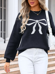 Bow Graphic Round Neck Long Sleeve Sweater - Trendsi